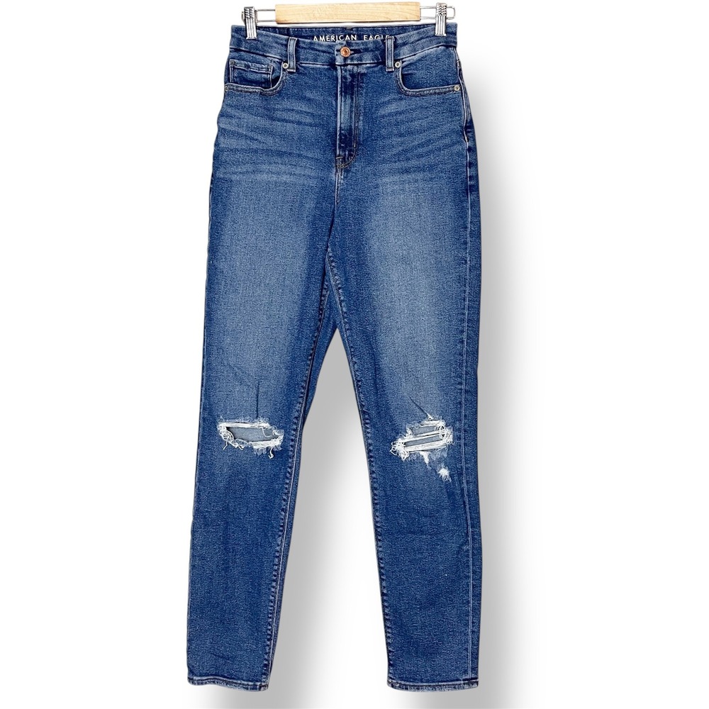 American Eagle Curvy Mom Jeans 4 X-LONG‎ High Waisted Ripped Blue Denim Stretch